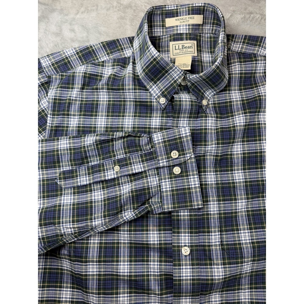 LL Bean Shirt Men's Large Blue Green Plaid Wrinkle Resistant Button Down
